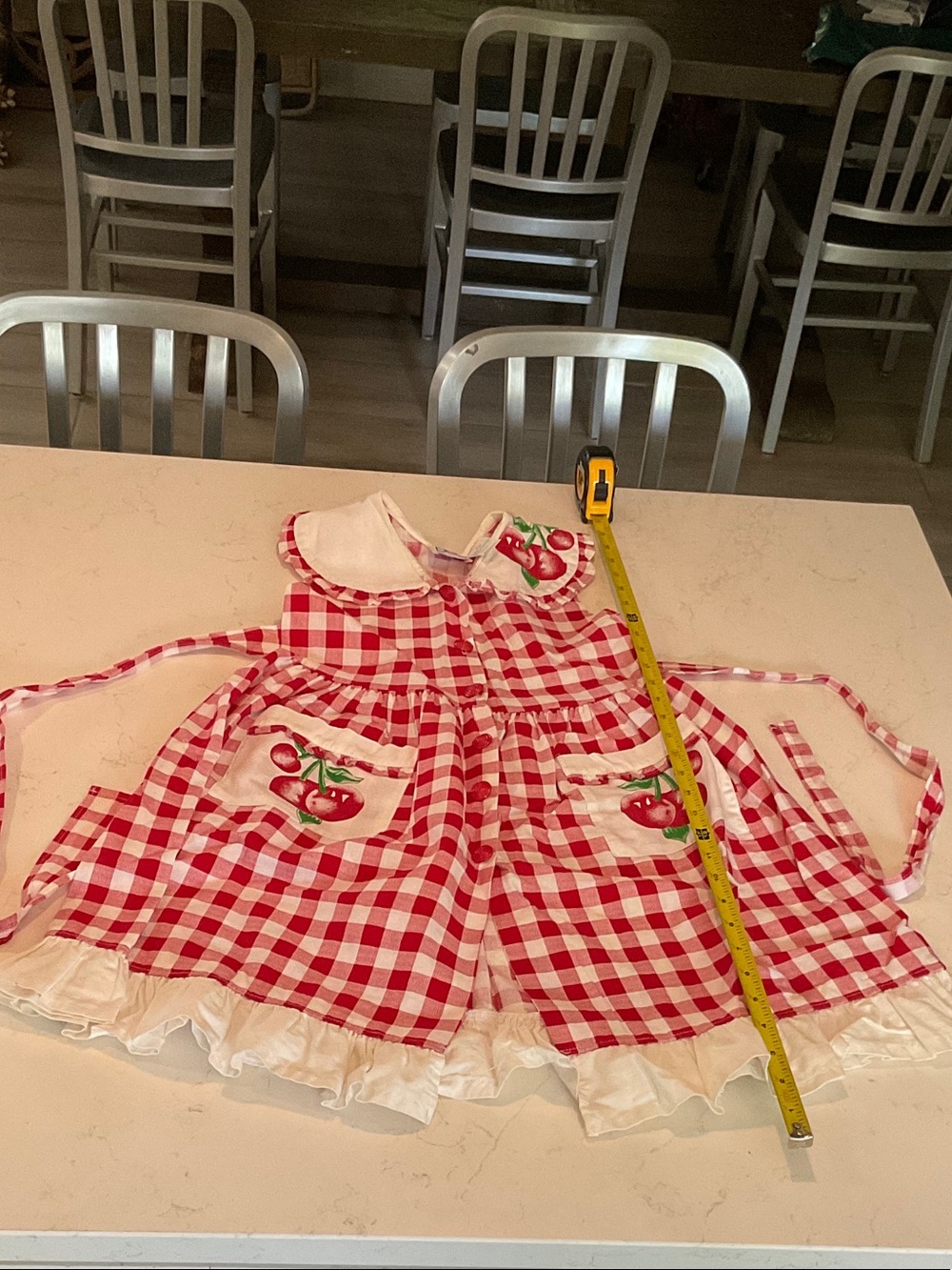 Vintage girls gingham dress, apron pockets, cherry motif